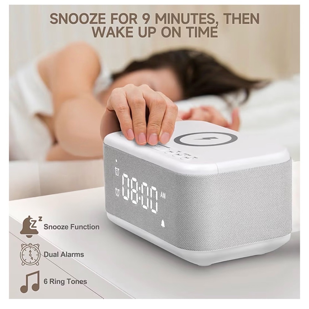 White Wireless Charging Alarm Clock with LED Display - Picture 6 of 10